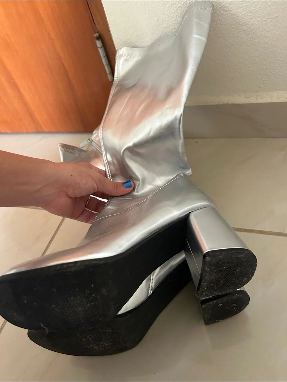 Yandy Metallic Silver Over-the-Knee Block Heel Boots